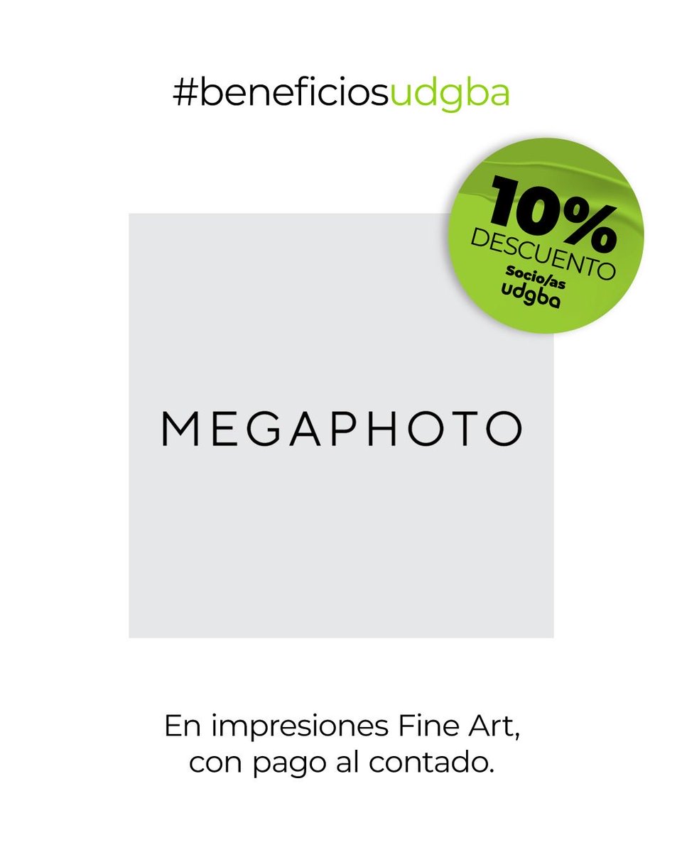 Por ser socio/a #UDGBA tenés descuentos en #Megaphoto

📷 20% en copias fotográficas de Minilab con pago al contado. (No acumulable con otras promociones)

📷 10% en impresiones Fine Art, al contado. (No acumulable con otras promociones)

👉🏻 Más info udgba.org.ar/beneficio-cate…