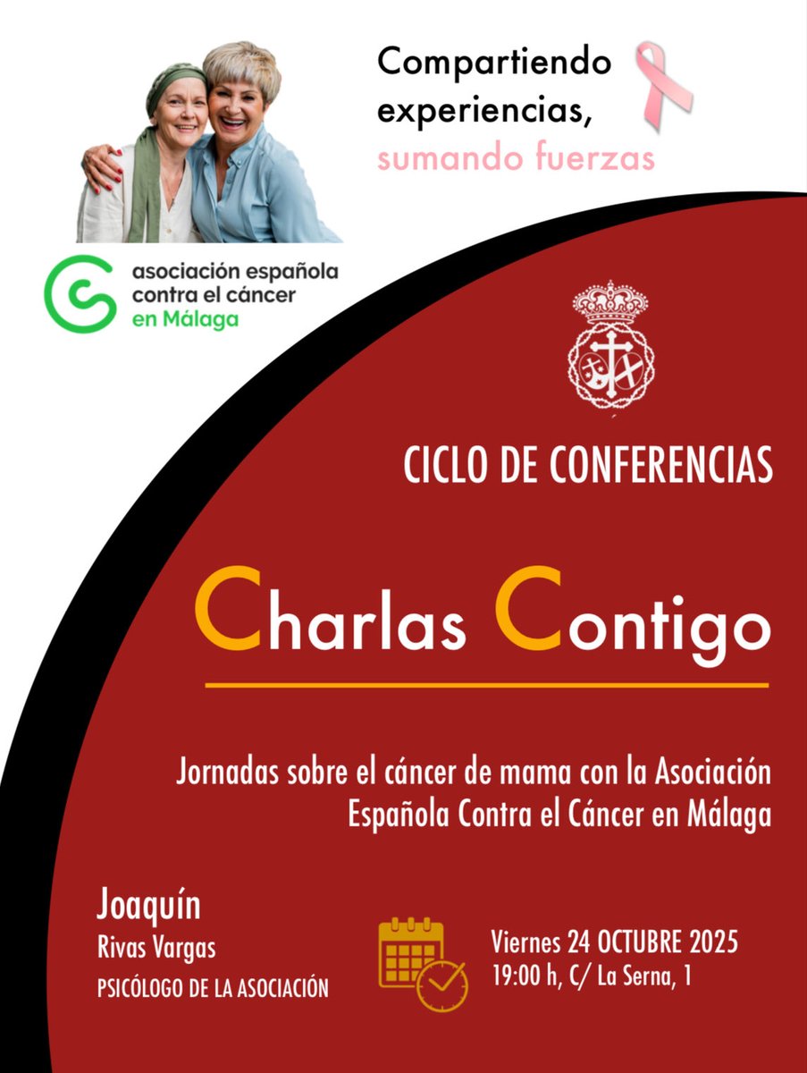 cfdmisericordia's tweet photo. Estimados hermanos, os informamos que el próximo viernes 24 dará comienzo el ciclo de conferencias que se impartirán en nuestra Casa Hermandad.
La primera conferencia tratará sobre el cáncer de mama y contará con la participación de la @ContraCancerMA.

#cofradiasMLG https://t.co/Ebu7xxMI2f