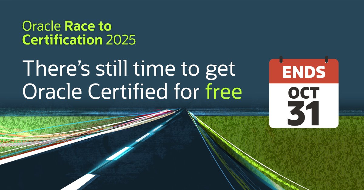 Oracle_Edu's tweet image. Only two weeks remain to compete in Oracle Race to Certification 2025. Don’t miss out—schedule your FREE Oracle certification exam in AI, OCI, database, or multicloud today. social.ora.cl/6014Afick