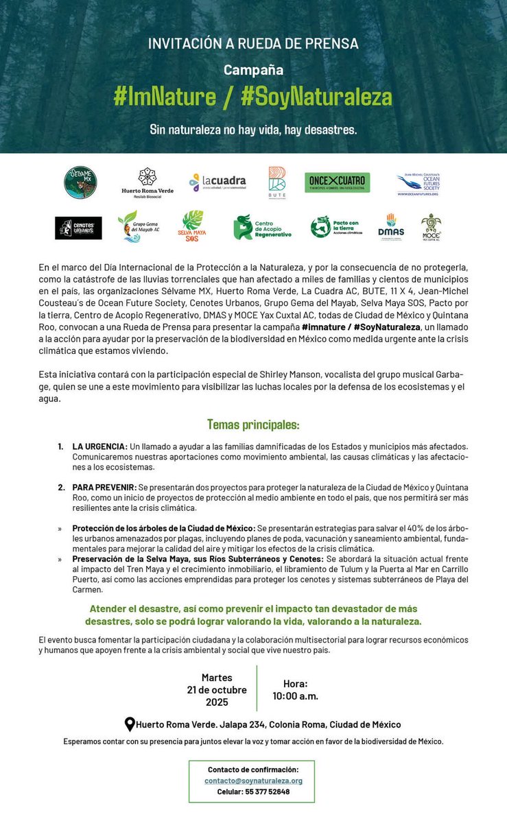 SelvameMX's tweet photo. 📣‼️De la denuncia, a las propuestas. 

Co creamos la campaña #SoyNaturaleza para atender la emergencia de los damnificados y para preveer disminuir las catástrofes por la crisis climática en México. 

Mañana nos vemos aquí 👇

https://t.co/e29rMqJuu6 https://t.co/NR0IhphCIK