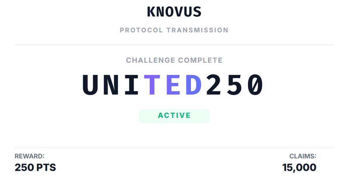 Knovusofficial's tweet image. Challenge Complete. The network has spoken.
The missing word was TED. The community is United.
Promo code UNITED250 is now ACTIVE.
Reward: 250 Points Claims: 15,000
For the community, by the community. Go.