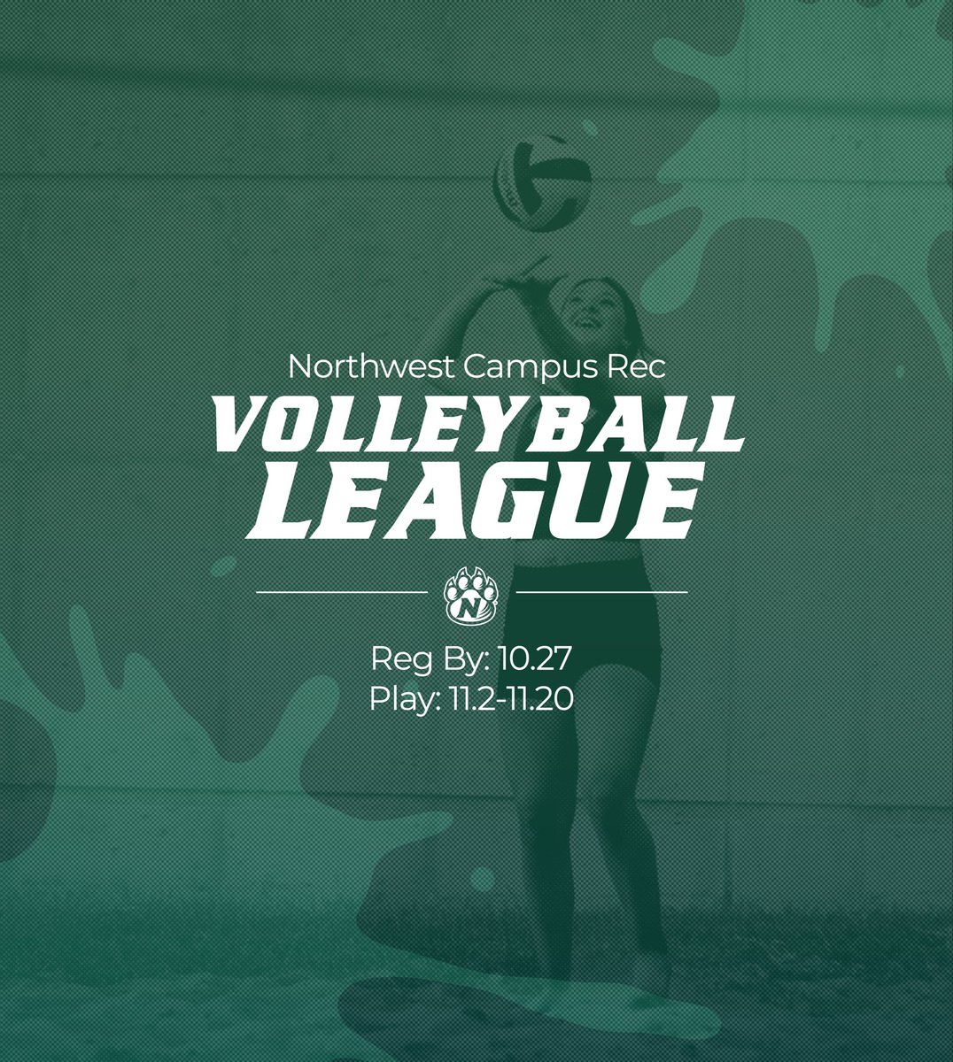 NWCampusRec's tweet image. We are officially ONE WEEK away from Volleyball League registration closing! Make sure you register your Women’s/Sorority, Men’s, Fraternity, or CoRec teams on IMLeagues before 11:30 pm next Monday! 🏐 #activebearcats #nwmostate #campusrec #intramurals #oabaab