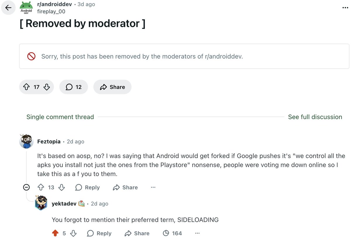 YektaDev's tweet image. I was just about to share this Composable in r/androiddev, but I couldn't.
Tried a few times, then suddenly realized what happened. I've been banned from commenting! For what you may ask?
For mentioning "sideloading", and I guess everyone in that thread has also been nuked.