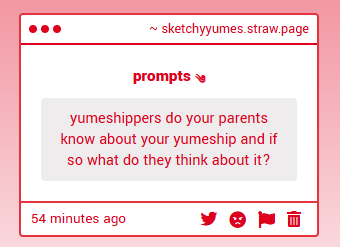 artsyyume's tweet image. ꒰ question ꒱

yumeshippers , do your parents know about your yumeship ? and if so , how do they feel about it ?

- 🦈