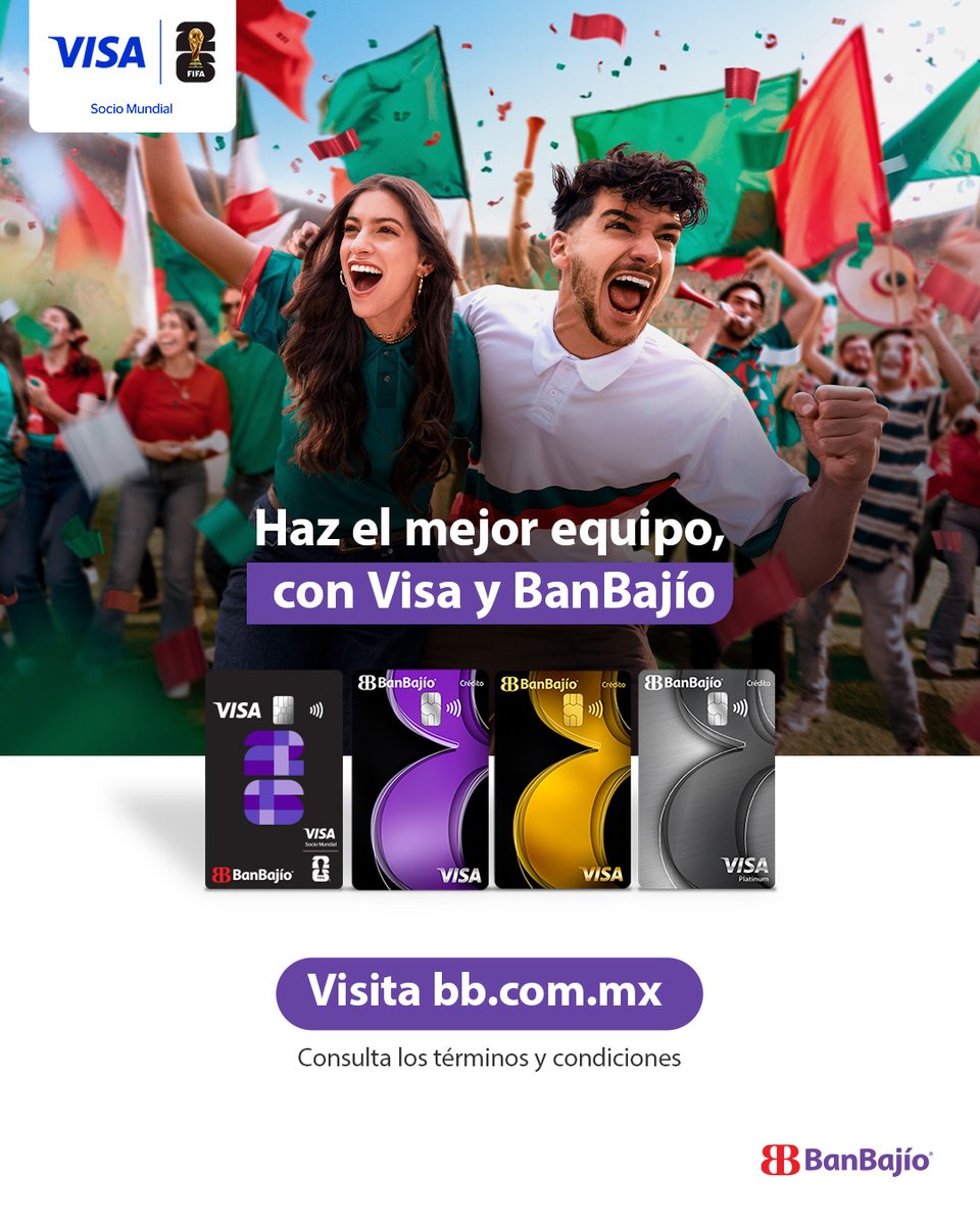 ⚽ ¡Vive la emoción del Mundial con tu Tarjeta BanBajío Visa!
 
💳 Todas tus compras te dan la oportunidad de asistir a la Copa Mundial de la FIFA 2026TM, gracias a Visa.

Consulta términos y condiciones bb.com.mx/webcenter/port…