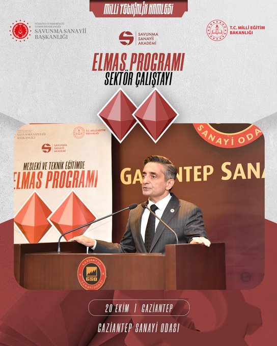 Three images show formal event banners with Turkish flags, logos of Savunma Sanayii Başkanlığı, Savunma Sanayii Akademi, Millî Eğitim Bakanlığı, and Gaziantep Sanayi Odası. Text on banners reads ELMAS Programı Sektör Çalıştayı and mentions 20th Industry Initiative. A man in a dark suit with tie speaks at a wooden podium with microphone, gesturing with hands, against a backdrop of red diamond shapes and event posters. Another image features a man in a light suit speaking at the podium. The third shows a man in a dark suit speaking. Podium has a logo resembling a shield.