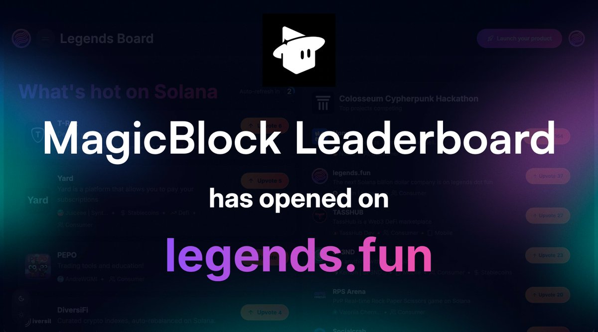 [Legendary Partnership Announcement]

<a href="/magicblock/">MagicBlock ⬛️</a> now has its dedicated leaderboard to spotlight products competing to win MagicBlock's Cypherpunk Side Track and to earn a spot in the Magic Incubator

🏆 legends, now is time to link your product to the MagicBlock leaderboard (top