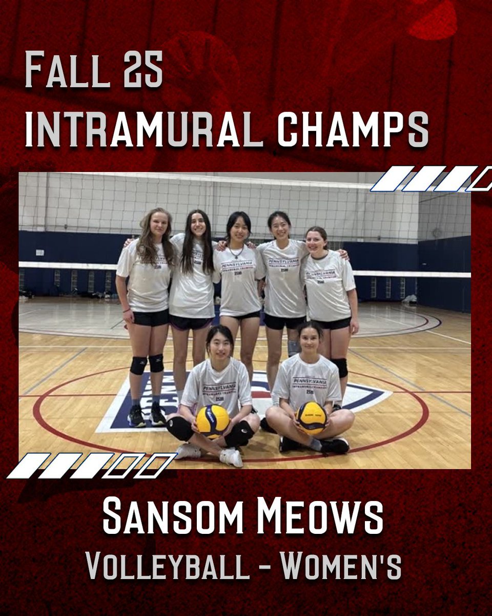 Penn IM's have crowned three Volleyball champs 🏐 :

Sanson Meows - All Gender Volleyball
Singleton Eye - Men's Volleyball
Sanson Meows - Women's Volleyball

#PennIMs | #PennRec | #Champs 🔴🔵
