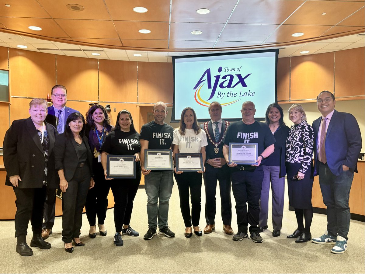 This afternoon, #AjaxCouncil recognized the Ajax Terry Fox Run Committee for their outstanding dedication and achievement, as this year, the community raised over $1 million to support cancer research – an incredible achievement!
 
Thank you for the hard work of the committee,
