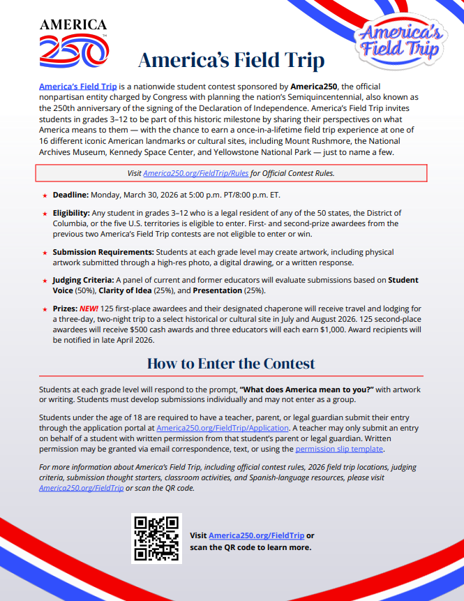 The Semiquincentennial edition of the America's Field Trip contest has officially kicked off! Learn more and submit your entry here: america250.org/fieldtrip/