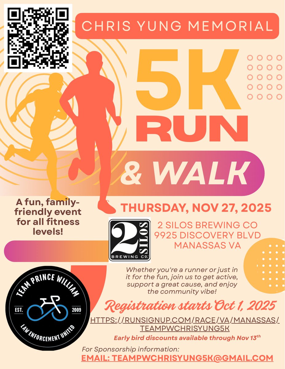 PWCPolice's tweet image. #TurkeyTrot! Join Law Enforcement United - Team Prince William for the annual Chris Yung 5k and Kids 1 mile #FunRun at 2 Silos on #Thanksgiving morning. More info in the QR code or website: runsignup.com/race/va/manass…
We hope to see you!