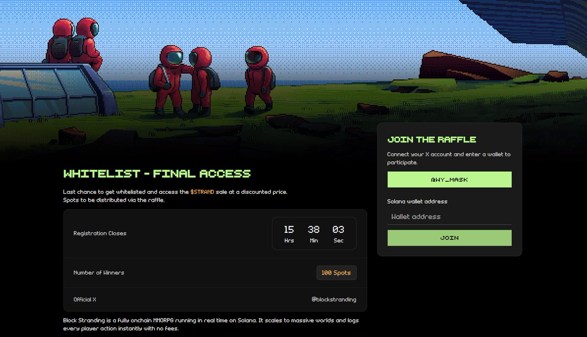 越来越觉得Block Stranding潜力无限，第一款完全链上 @Solana 游戏（由 <a href="/magicblock/">MagicBlock</a> Ephemeral Rollups 提供支持），所以大家一定要去注册一下代币销售WL，参与不参与到时候再说

Block Stranding <a href="/blockstranding/">Block Stranding</a> 今天在 <a href="/solana/">Solana</a>mobile Seeker