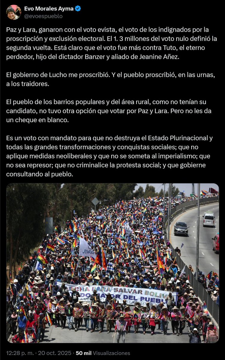 El tirano socialista, corrupto y pedófilo Evo Morales asegura que Rodrigo Paz es el nuevo presidente electo de Bolivia gracias al voto de sus seguidores, y aprovecha la ocasión para cargar contra el liberal Jorge «Tuto» Quiroga.

Como ya advertimos en Vloonk, Paz es un