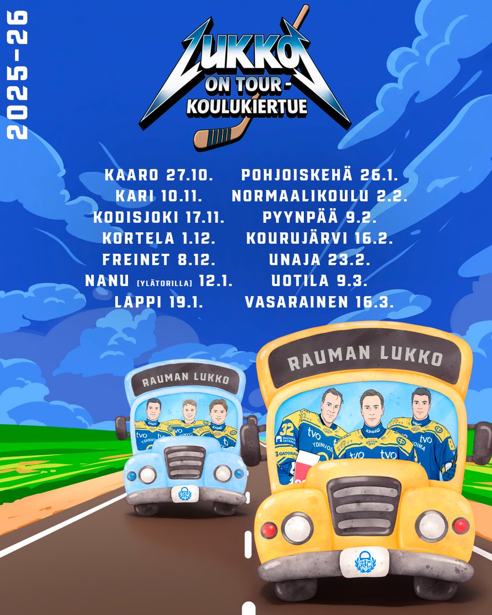 Lukko On Tour 2025-26 🚌

Koulukiertue on palannut ja bussi starttaa ensi viikon maanantaina kohti Kaaron koulua. 

Kiertue jatkaa matkaansa läpi runkosarjan kiertäen kaikki Rauman ala-asteet. 

Mukana on liigajoukkueen pelaajia ja aivan mahtavaa päästä kohtaamaan lapsia jo pian