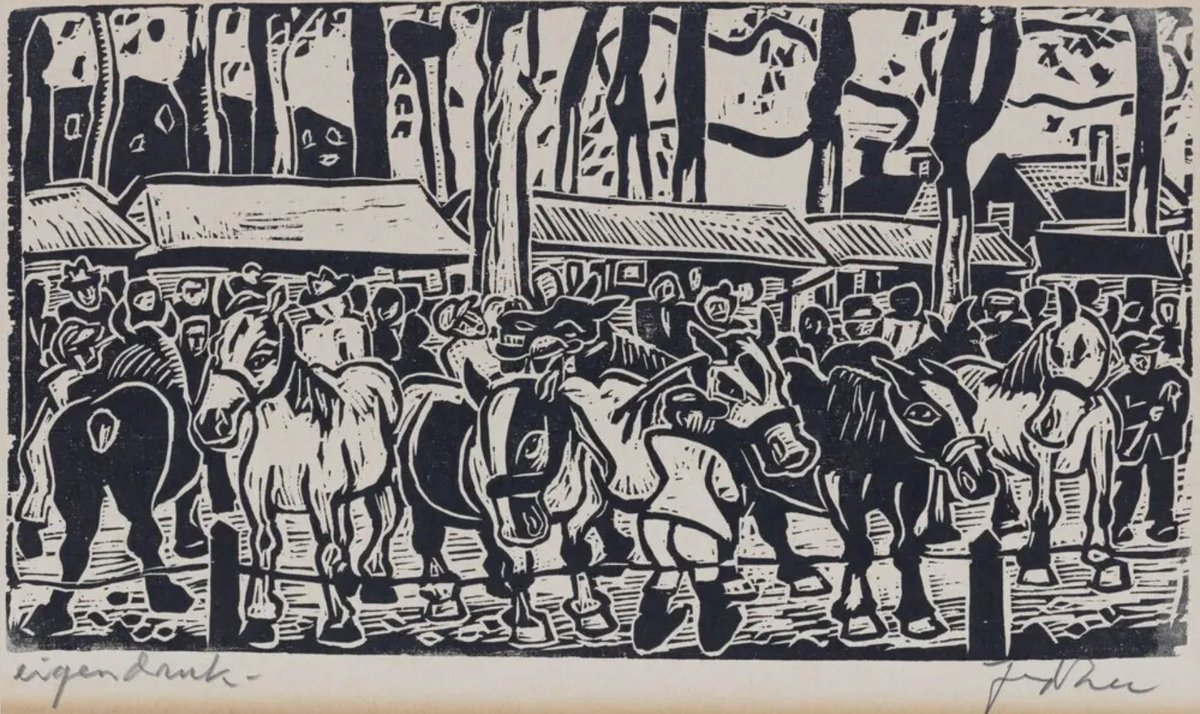 Jan van der Zee. Zuidlaardermarkt. Houtsnede, ongedateerd, 30 x 42,5 cm, <a href="/GroningerMuseum/">Groninger Museum</a> (legaat Mr. Evert A. Alkema)