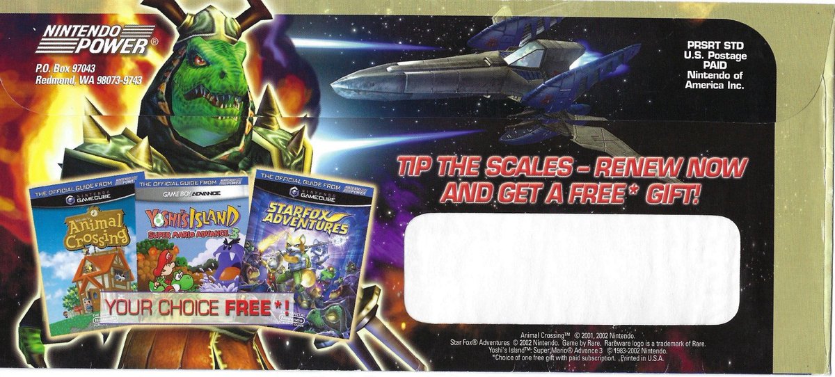 AndrossSF0's tweet photo. A 2002 Star Fox Adventures Nintendo Power subscription renewal mailer.

#starfox #starfoxadventures #gamecube #Nintendo https://t.co/KyHYkG2f7L