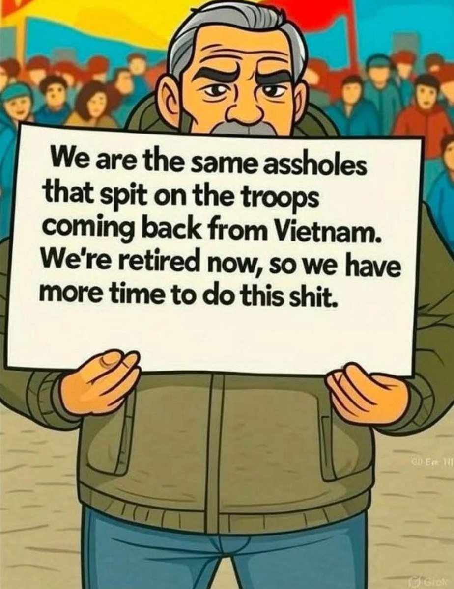 TheSurvivalPodc's tweet image. If you wonder why No Kings is mostly older rich boomers, here&apos;s your answer. Yes, it&apos;s this simple.

Protesting the war was a good cause, attacking the men forced to fight it was was something only 💩bags did.  Now the 💩bags are old, angry, bored and want one last hurrah.