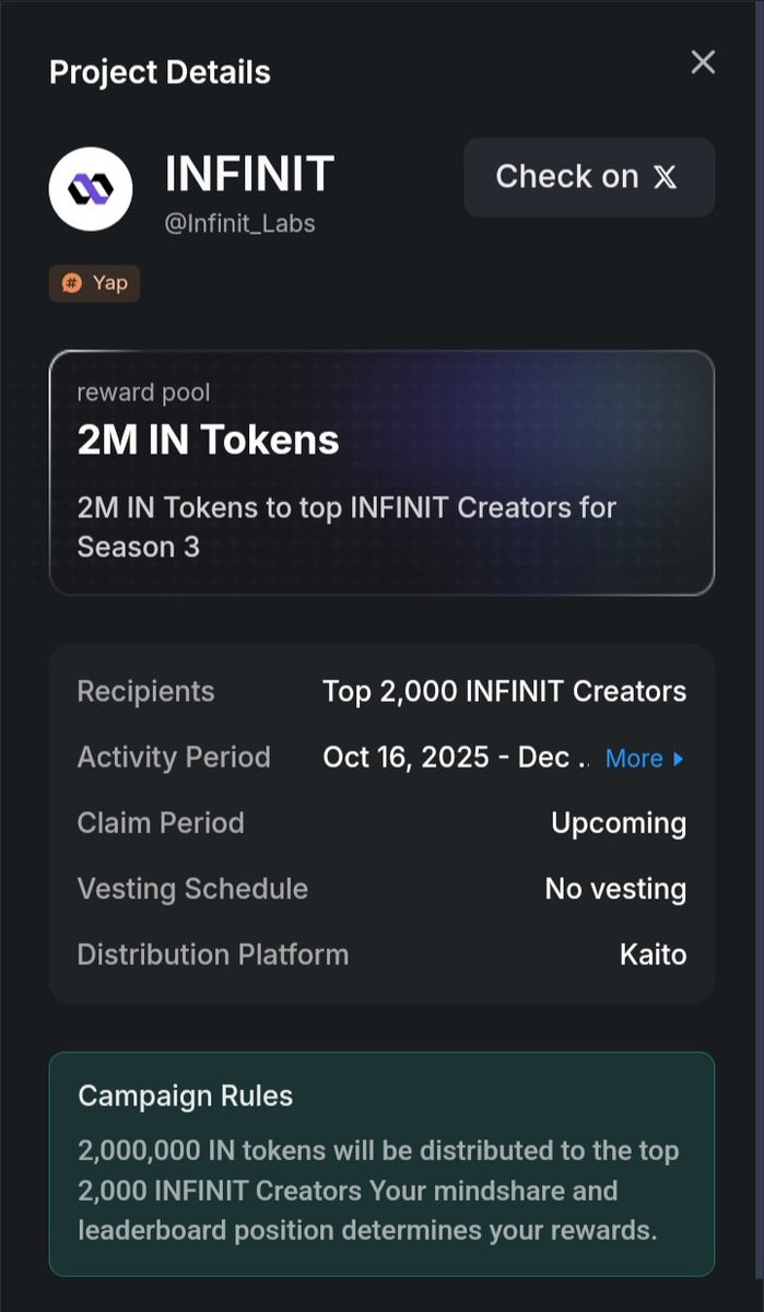 LuaInk's tweet image. INFINIT's fresh season hit @KaitoAI
2M $IN tokens for top 2K creators (no lockup, grab in Dec)
Loving how you can just yap about these AI agents making DeFi less of a headache, like telling one to "loop my ETH on Aave for yields and hedge the dips with Hyperliquid.
You guys…