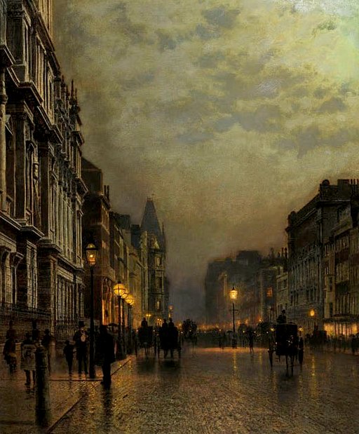 Good evening! This week's theme is Piccadilly.
------
'Piccadilly at Night' by John Atkinson Grimshaw (1885-6)

(Private Collection)