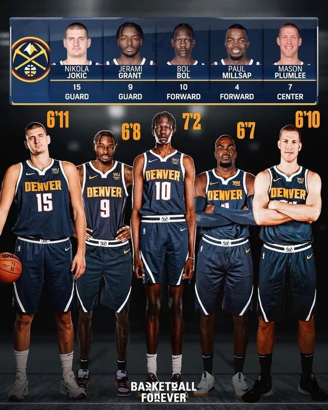 Unless im missing a game, this Nuggets lineup during that Bubble scrimmage was the tallest recorded starting 5 in NBA history

The new Rockets jumbo lineup for Opening Night beats them by 1 inch:

Amen (6’7”)
Durant (6’11”) (also a lie)
Jabari (6’11”)
Sengun (6’11”)
Adams (6’11”) 