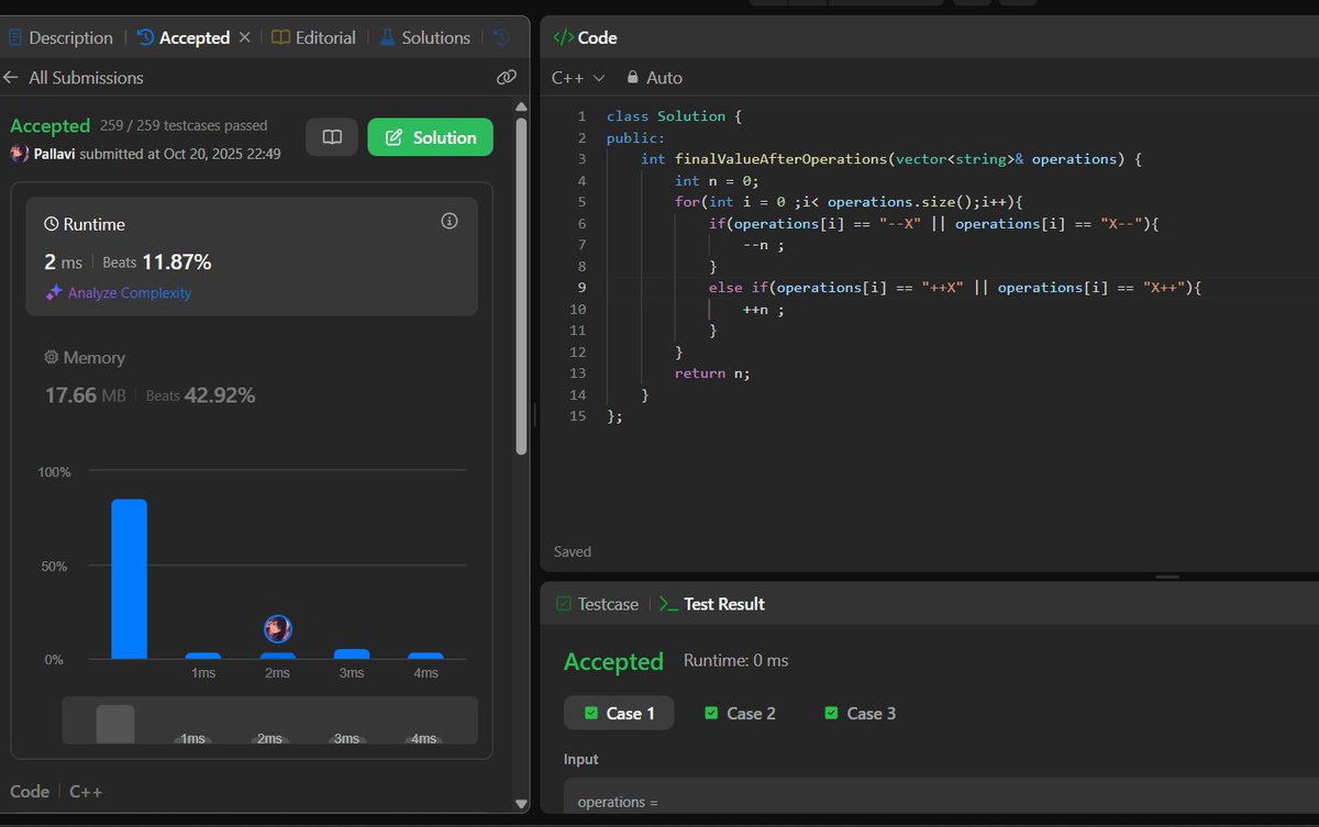 pallavicodes's tweet image. Day 72 of #100dayOfCode
Solved - Leetcode 2011 (Final Value of Variable After Performing Operations)
This question feels like a sweet Diwali gift from LeetCode — short, crisp & easy
Wishing you a Very Happy Diwali ✨
#LeetCode #Cplusplus #CodingJourney #Diwali #CodeEveryday