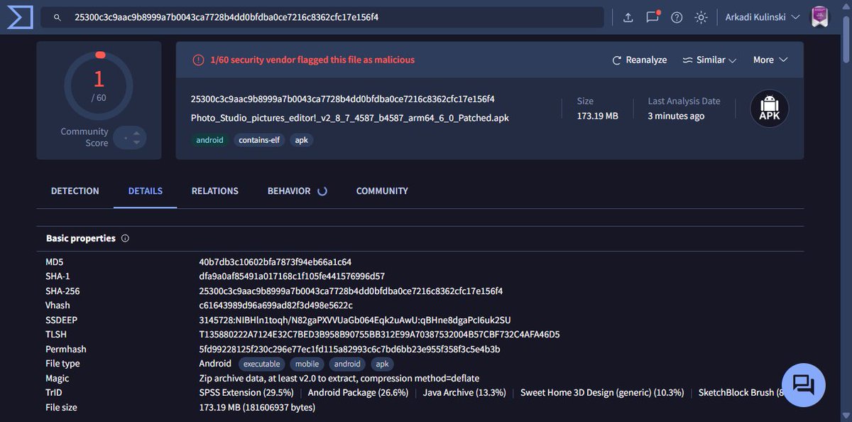 KulinskiArkadi's tweet image. Photo_Studio_pictures_editor!_v2_8_7_4587_b4587_arm64_6_0_Patched.apk
25300c3c9aac9b8999a7b0043ca7728b4dd0bfdba0ce7216c8362cfc17e156f4
virustotal.com/gui/file/25300…