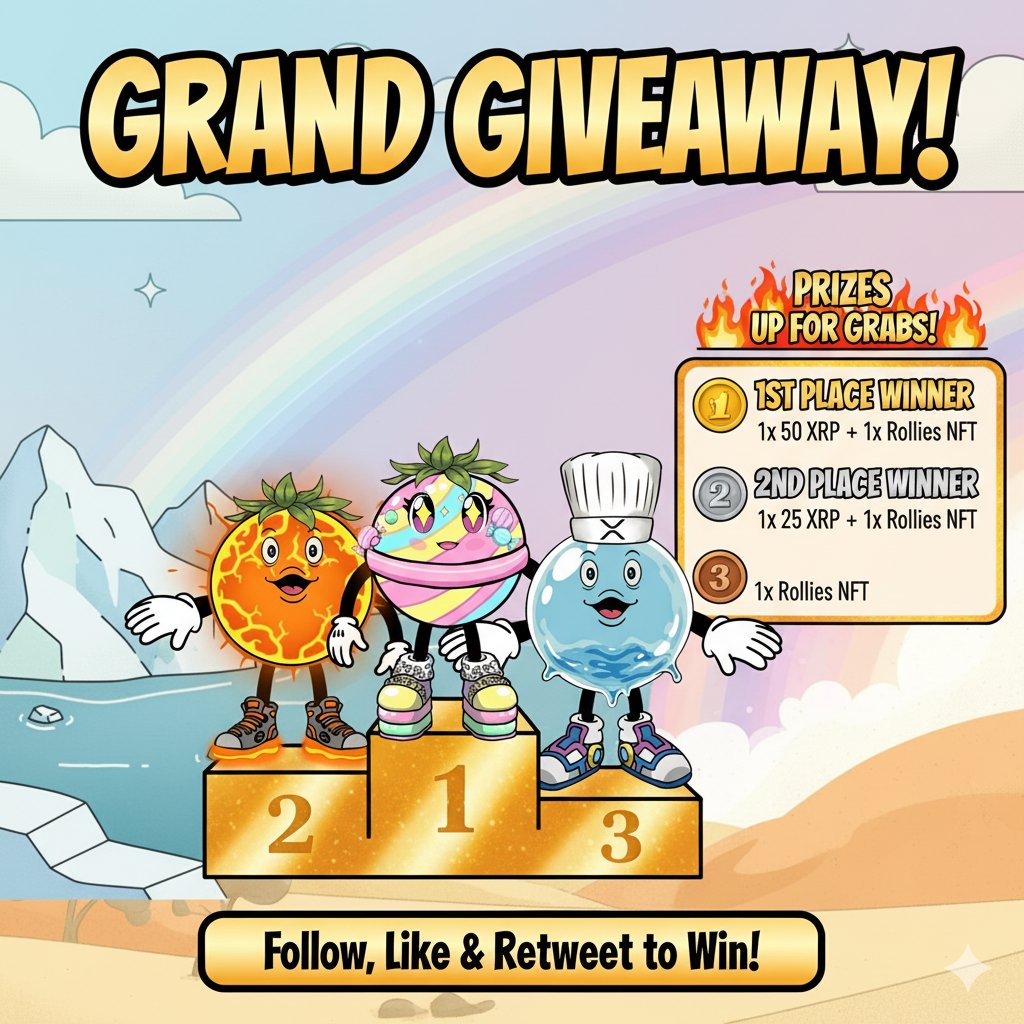 🎉GIVEAWAY🎉
More than 50% of the ROLLIES collection has been minted! 🚀
We’re deeply grateful for all your amazing support 💛
To give something back to our community, we’re hosting a special giveaway with 3 lucky winners! 🎁

🏆 Prizes:
1️⃣ 50 XRP + 1x Rollies NFT
2️⃣ 25 XRP + 1x