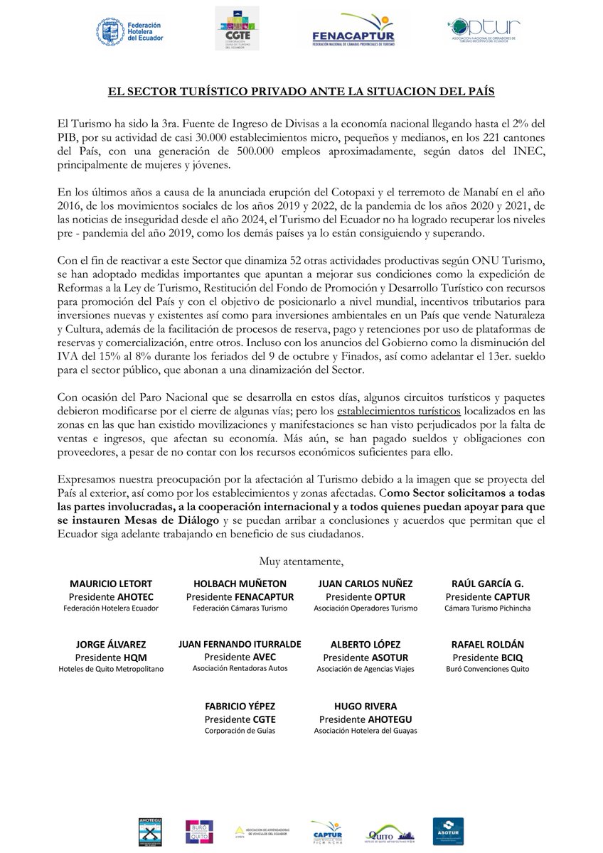 "EL SECTOR TURÍSTICO PRIVADO ANTE LA SITUACIÓN DEL PAÍS"

Los Gremios y Cámaras del sector privado turístico, emitimos un Comunicado con nuestro pronunciamiento ante la situacion que atraviesa el País. Se explica por su contenido.

Recomendamos su lectura y difusión.