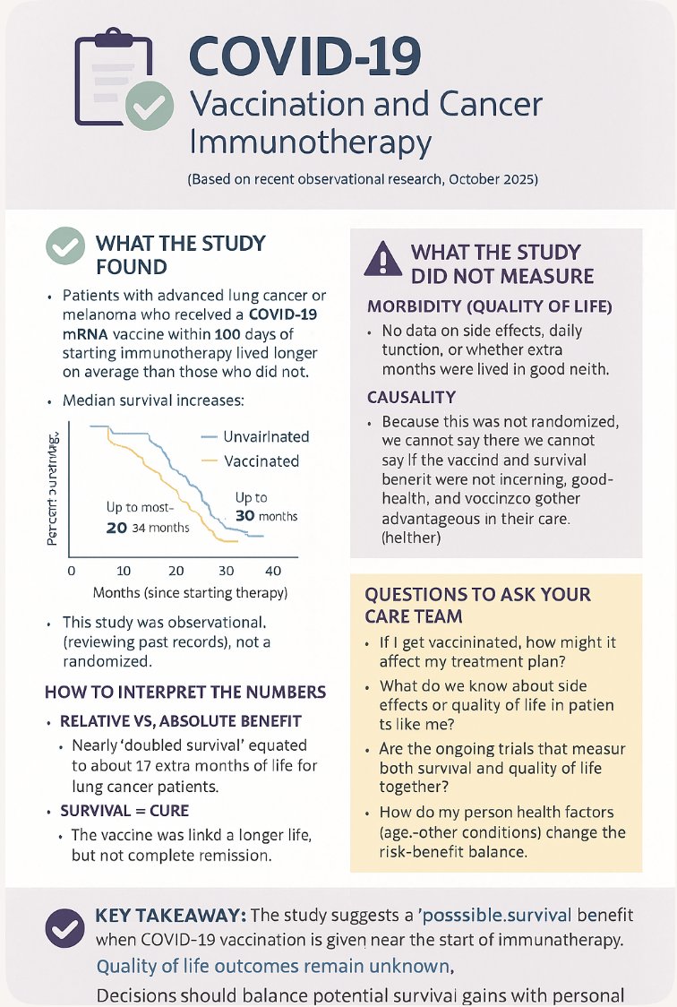 <a href="/ScottAdamsSays/">Scott Adams</a> Imagine you’re watching two groups of patients with advanced lung cancer. Both get immunotherapy. One group also got a COVID-19 mRNA vaccine near the start. What happened?

The vaccinated group lived longer. Median survival went from ~20 months to ~37 months. For melanoma,
