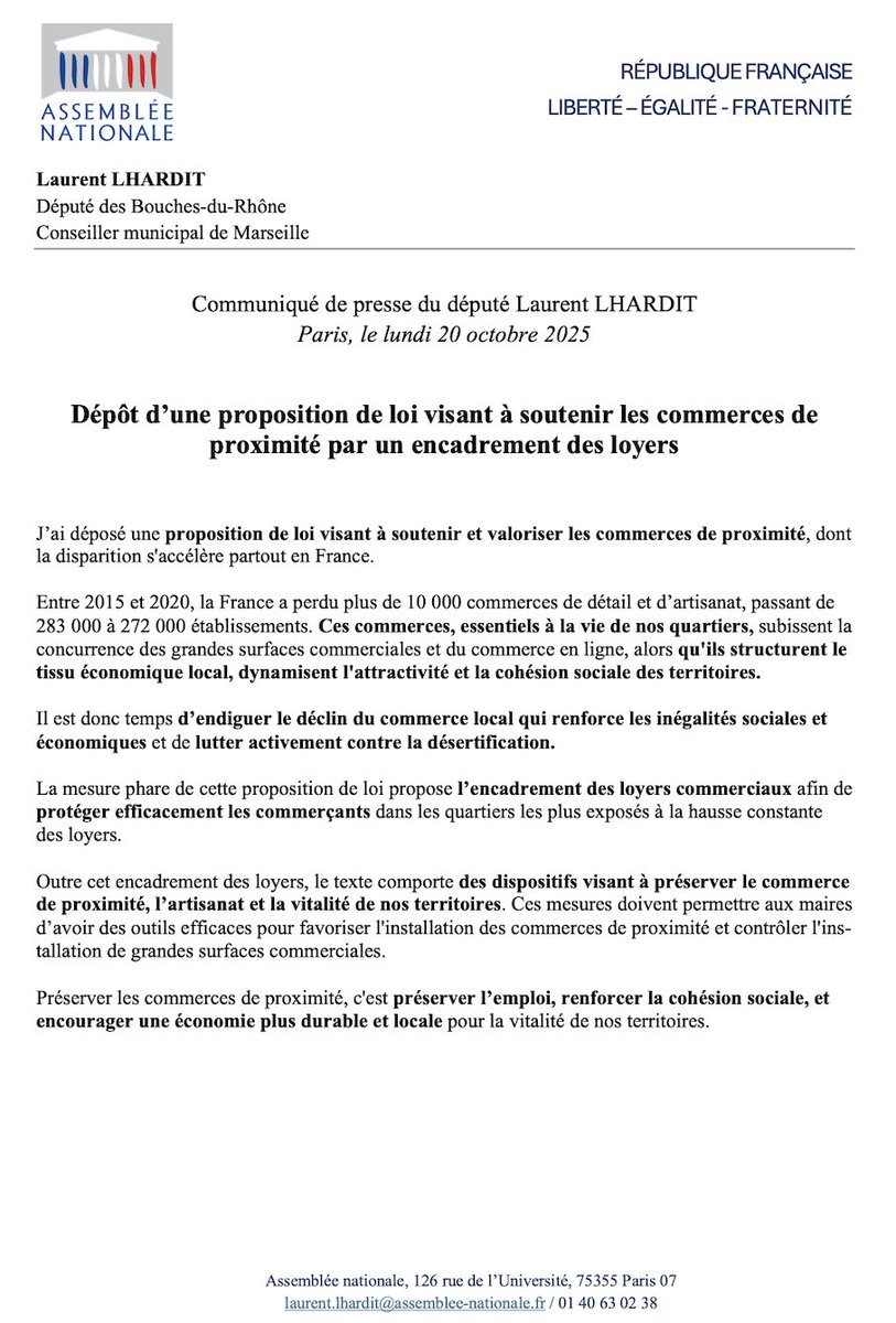 📣Dépôt de ma proposition de loi pour soutenir nos commerces de proximité ⤵️

Les commerces de proximité disparaissent, ce sont pourtant eux qui font vivre nos territoires. 
Je propose notamment d’encadrer les loyers commerciaux pour protéger les artisans et commerçants.