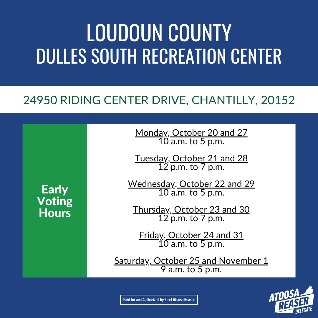 Early voting finally starts in Eastern Loudoun today! See the graphics for the times and days you can vote at Claude Moore Recreation &amp; Community Center and Dulles South Recreation &amp; Community Center.