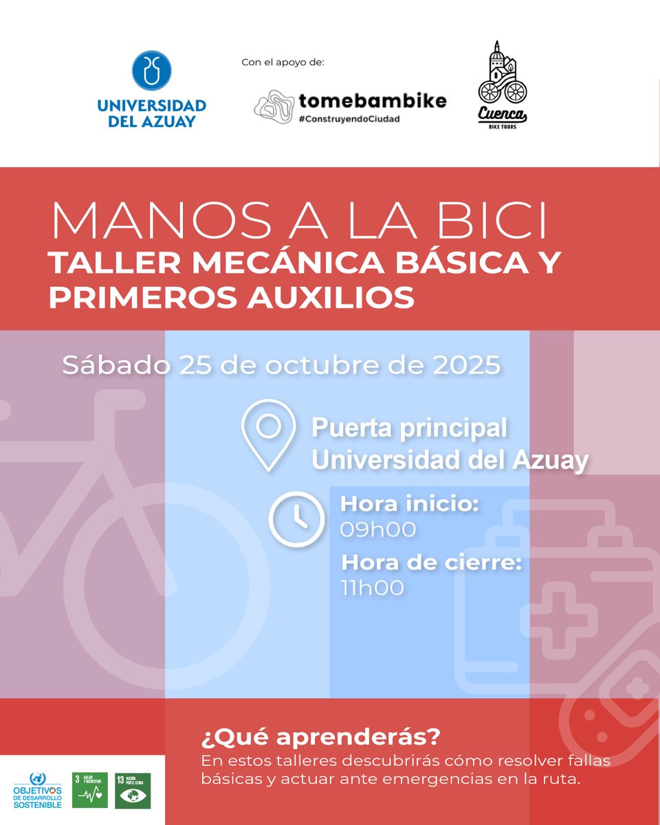 🚴‍♀️ Taller de mecánica básica y primeros auxilios

Donde podrás podrás descubrir cómo resolver fallas básicas y actuar ante emergencias en la ruta.

👉 Inscripciones a través del siguiente enlace: forms.gle/GodeeWACwChEnE…