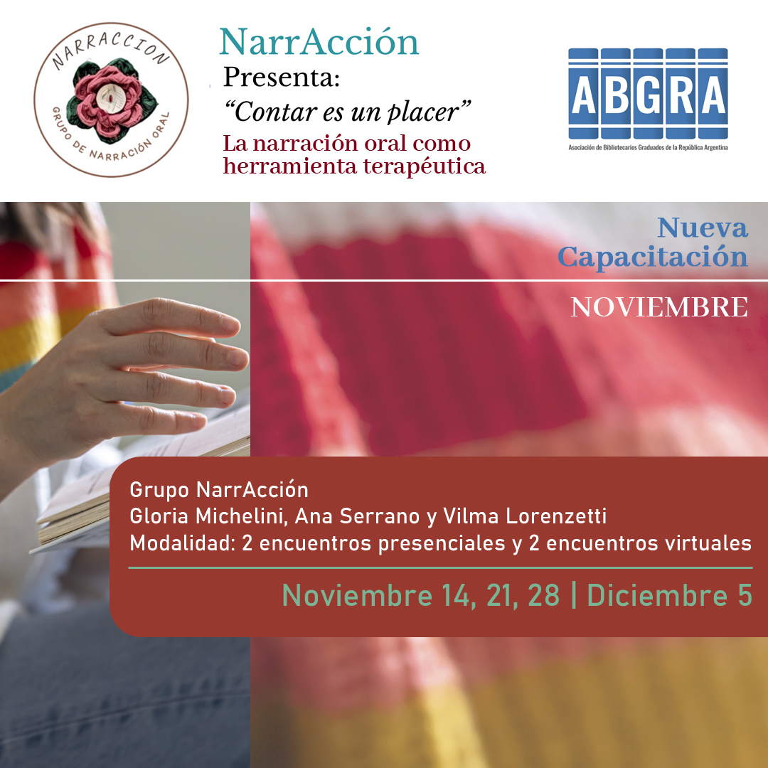 Nueva capacitación: "Contar es un placer: la narración oral como herramienta terapéutica"
Docentes: Grupo NarrAcción 
Modalidad: Mixta 
Comienza 14/11
¡Cupos limitados!
🔗 Link de inscripción: forms.gle/UAB9GGQK8YazGm…
Más Info: abgra.org.ar/servicios/capa…