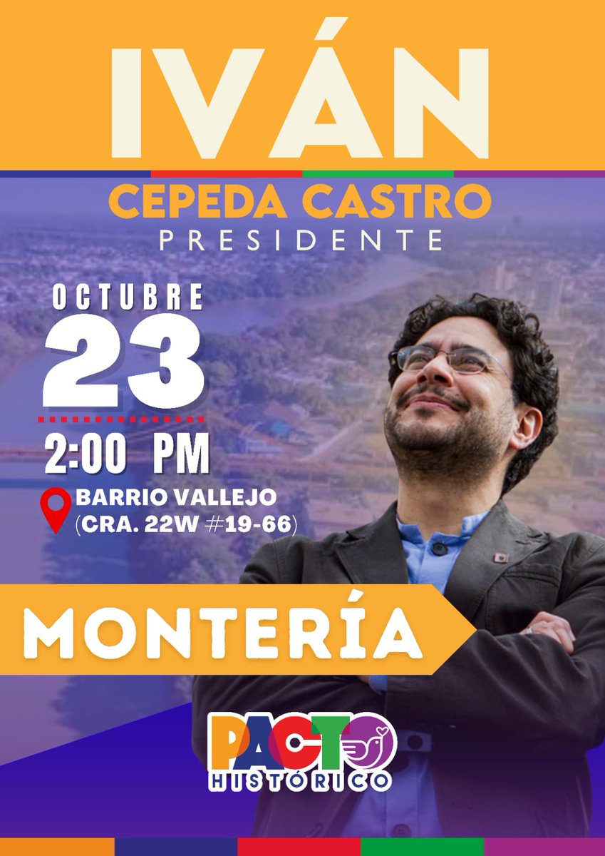 La #Lidereza <a href="/yalemazon/">Yalenis Mazon.</a> invita a todos los simpatizantes de <a href="/IvanCepedaCast/">Iván Cepeda Castro</a>, y todos en general a una gran concentración con el candidato presidencial #IvanCepeda este jueves 23 de Octubre del año en curso en el barrio #Vallejo margen izquierda Montería 2:00pm. Asiste!