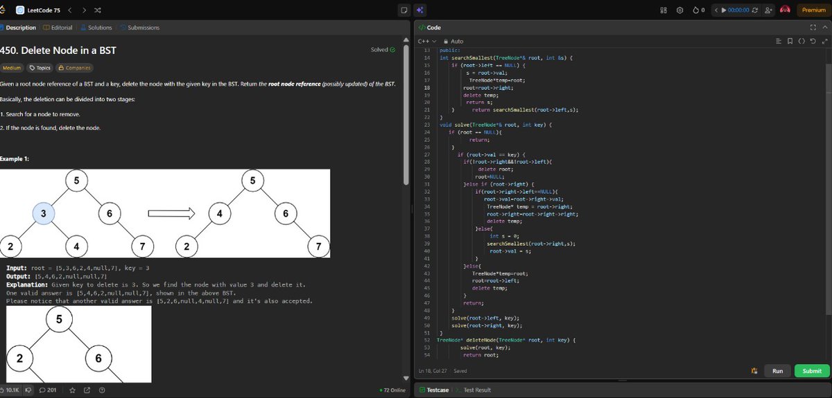 ANNISH_SEN's tweet image. Day 32 Of #leetcode75
Problem :450.delete node in a binary search tree.
#LeetCode #75DaysChallenge #Day31 #BinaryTree #BFS #DSA #CPl