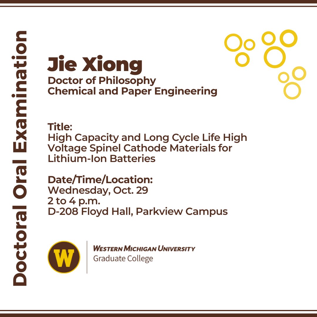 The Graduate College announces a doctoral oral examination:

Candidate: Jie Xiong
For the degree of: Doctor of Philosophy
Department: Chemical and Paper Engineering
Title: High Capacity and Long Cycle Life High Voltage Spinel Cathode Materials for Lithium-Ion Batteries
