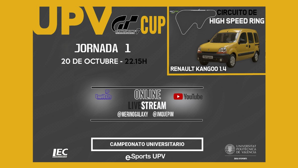 🚨Hoy vuelve la GT CUP de <a href="/UPVdeportes/">Área de Deportes UPV</a> 

🏁Carrera 1 en High Speed Ring
🚐Renault Kangoo
🌦️Clima aleatorio

🎙️<a href="/fmerinogalaxy/">Fran Merino - Galaxy</a> 
🎙️<a href="/JMQuepim/">Javier Moreno - Quepim</a> 

📺22:15h en directo:
twitch.tv/upvgtsport

❤️#simracing #esports #kangoo
