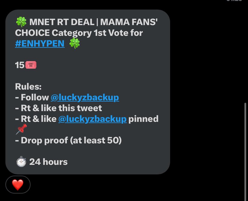 goodJayeveryWon's tweet image. 🍀 MNET RT DEAL | MAMA FANS' CHOICE Category 1st Vote for #ENHYPEN  🍀

15🎟

Rules: 
- Follow @luckyzbackup
- Rt &amp;amp; like this tweet 
- Rt &amp;amp; like @luckyzbackup pinned 📌
- Drop proof (at least 50) 

⏱ 24 hours