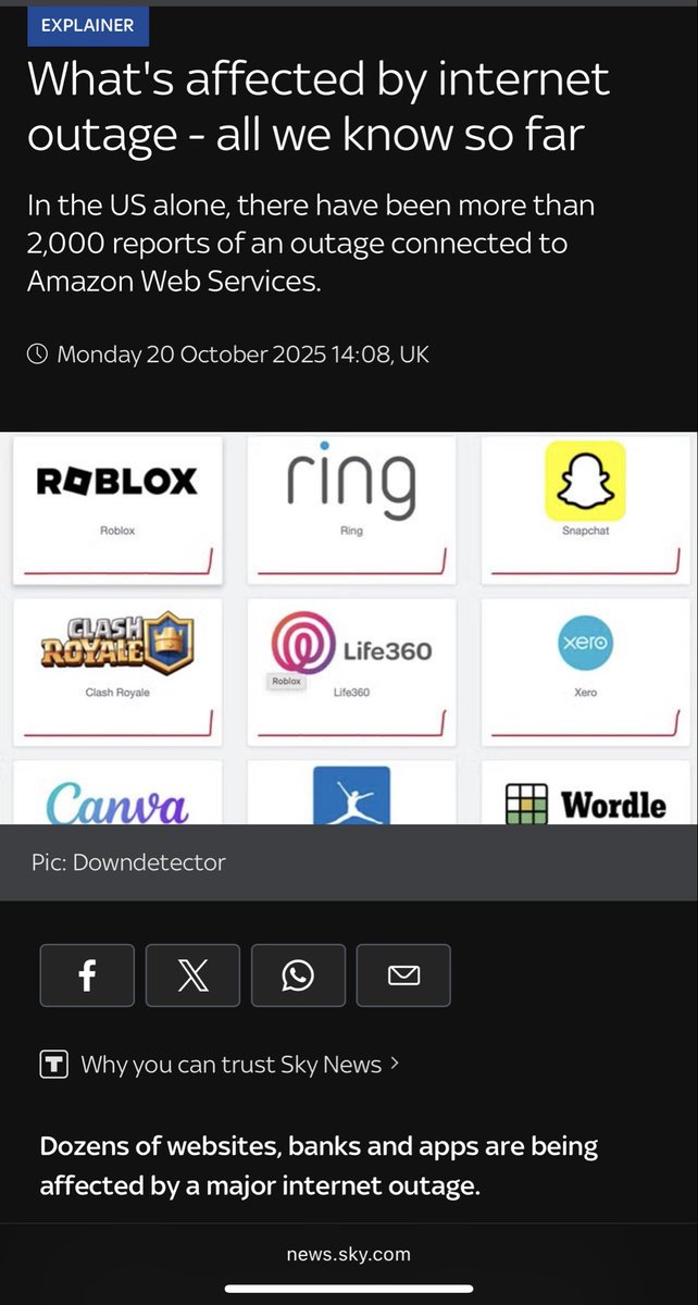 🚨 Major Internet Outage Alert 🚨

If you’re having trouble playing PlayStation online, submitting McDonald’s Monopoly codes, or accessing Amazon services you’re not alone.

Amazon’s wireless servers (AWS) went down, affecting dozens of major platforms across the internet.