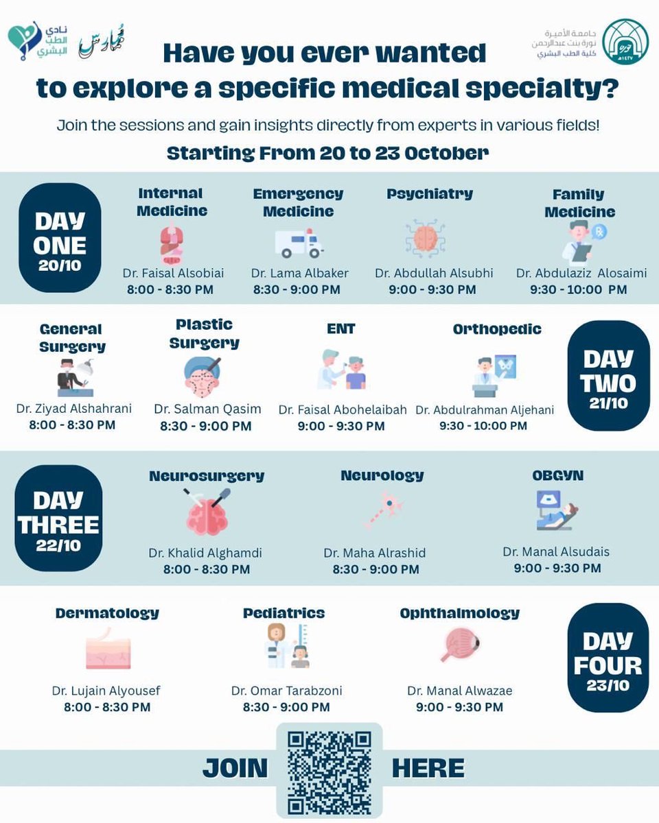 Amjjjaddd156's tweet photo. ✨ Discover Your Specialty ✨

Join us to explore your specialty at Princess Nourah University’s Discover Your Specialty event! 🌟

Stay tuned for inspiring sessions in Neurosurgery with Doctor @Dr_Khalid100 
Neurology with Doctor @iMahaHAR 
on Wednesday🧠

Online on Teams https://t.co/w5WpYPiOdz