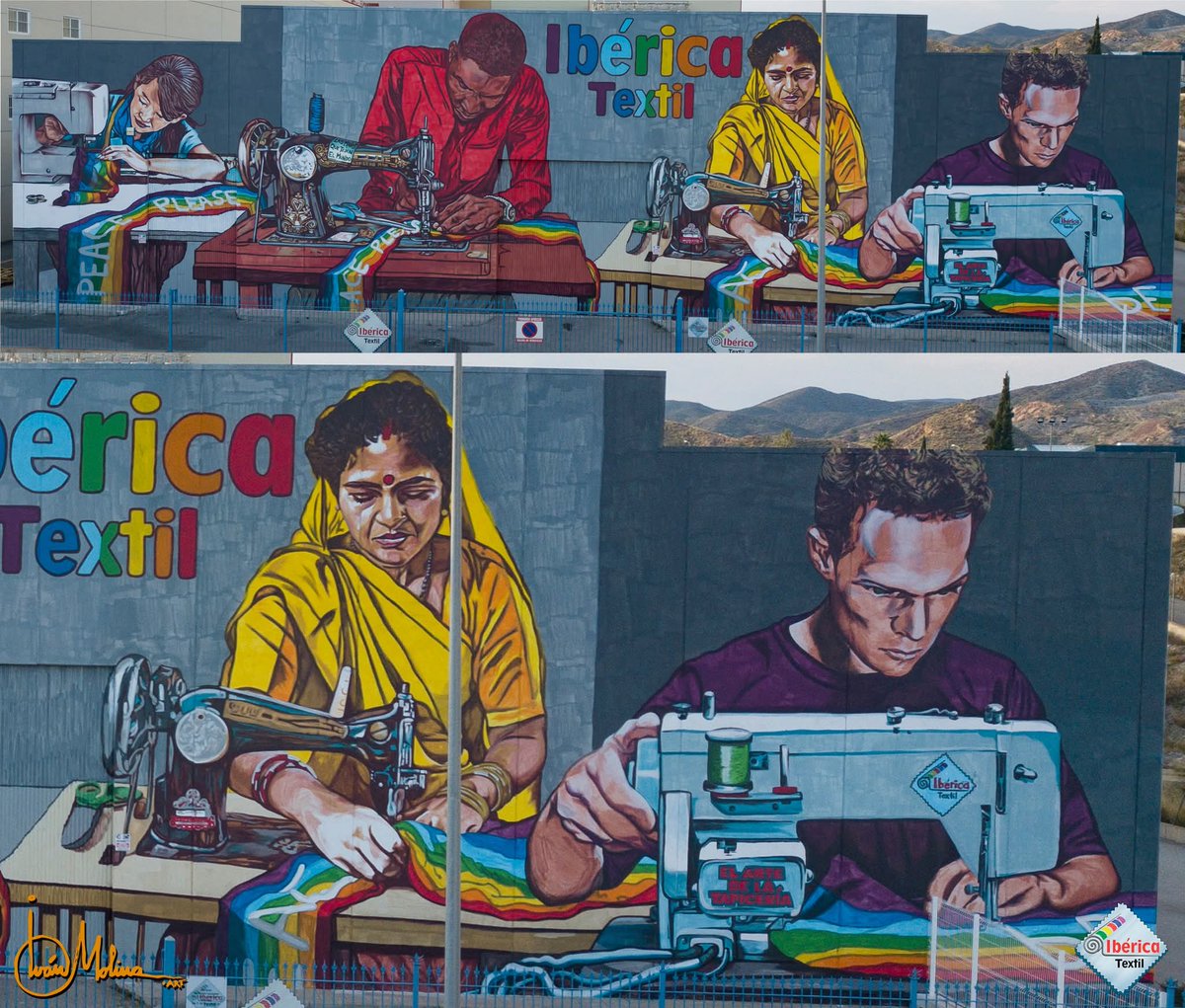 Este es el ultimo mural que he realizado, es un lienzo de 370 m². Es un encargo de Ibérica Textil y se encuentra en el poligono de Saprelorca.