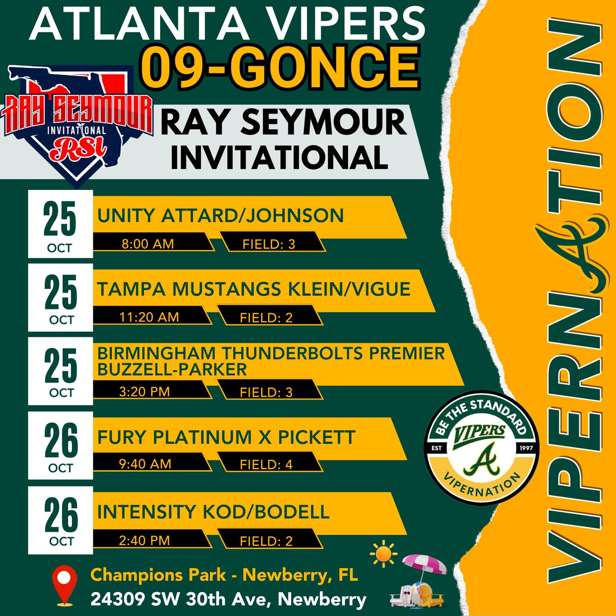 ⭐️Ray Seymour Invitational⭐️
📢COACHES! Champions Park is calling ☎️📲 …..you left 🥎STUDS there last year &amp; they need you to come back and get'm! LET'S GO!💪 Catch Atlanta Vipers 09-Gonce THIS WEEKEND in Newberry FL!🌤️🌴⛱️ You don't want to miss this roster of 🥎STUDS‼️