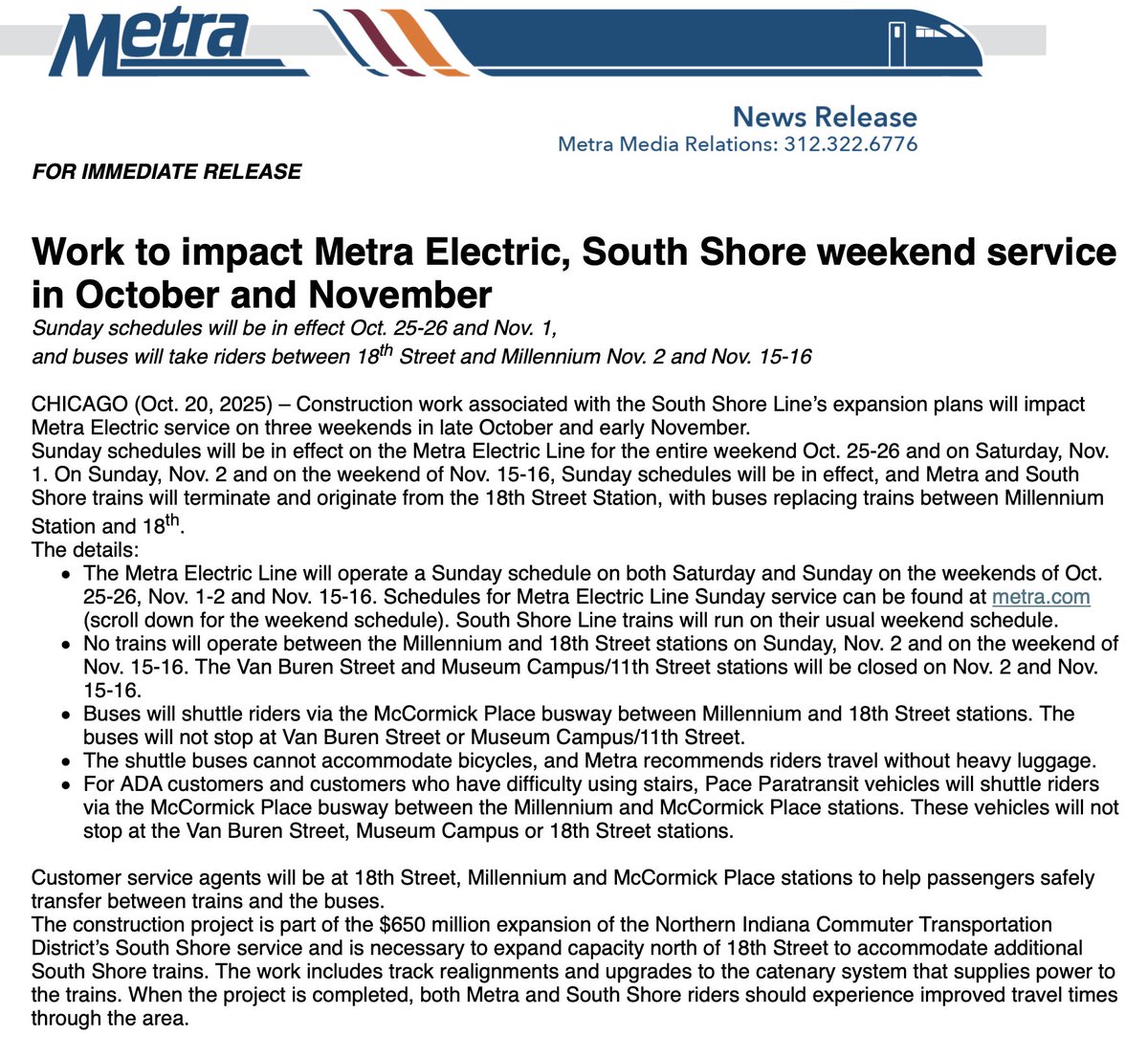 Hoosier commuter rail provider? A little inconvenience the next 2 weekends will be rewarded with "the $650 million expansion of South Shore service" to and from Indiana. #HurtsSoGood