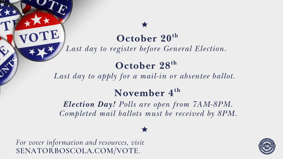 Today, October 20th, is the deadline to register to vote in Pennsylvania for the upcoming election on November 4th! 🗳️ 
 
Visit 🔗 vote.pa.gov or senatorboscola.com/VOTE for voter information and resources.