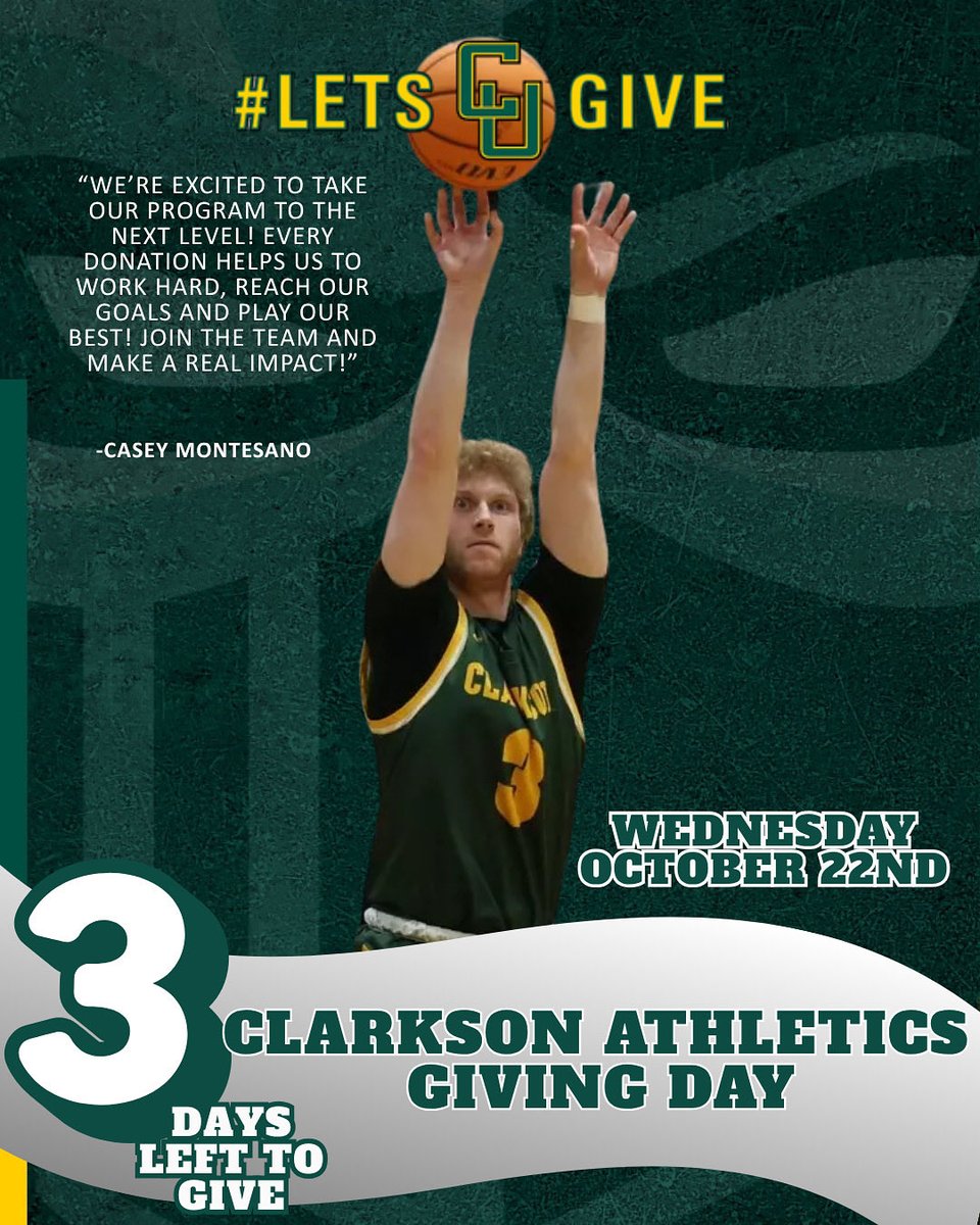 As our guys are in the gym working, you don’t have to wait to contribute - donations are open now through the end of Giving Day this Wednesday, Oct. 22nd! Donations are greatly appreciated! 🚨 Donate here: clarkson.edu/agd25  
#CUGivingDay #ClarksonMBB #GoKnights