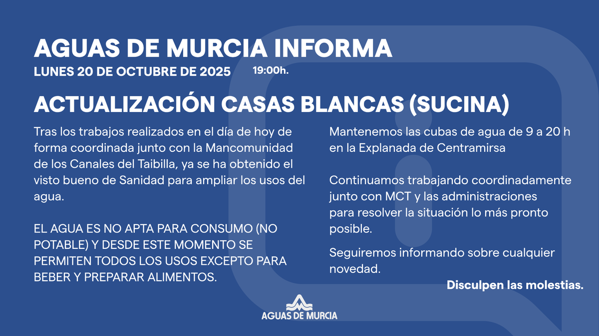 EMUASA_Clientes's tweet image. 🔔 Actualización CASAS BLANCAS (Sucina) a Lunes 20 de octubre