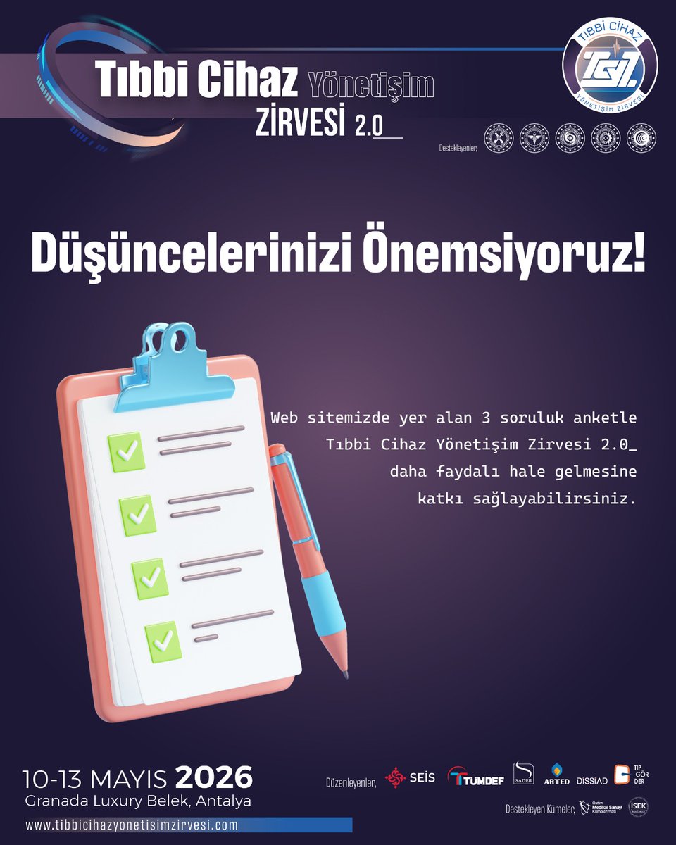 🩺 Düşüncelerinizi Önemsiyoruz!

10–13 Mayıs 2026 tarihlerinde gerçekleştirilecek Tıbbi Cihaz Yönetişim Zirvesi 2.0’ı sizler için daha faydalı hale getirmek istiyoruz.

Web sitemizde yer alan 3 soruluk kısa anketi yanıtlayarak zirvenin içeriğine katkıda bulunabilir,