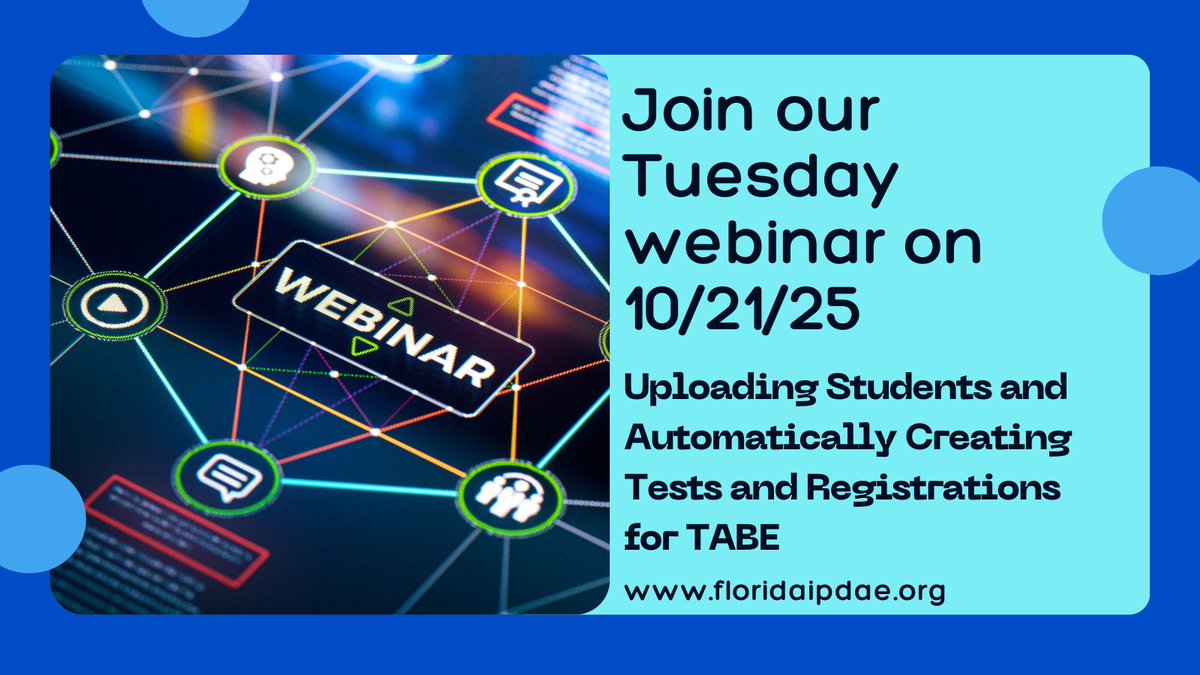 Tuesday Webinar on 10/21: Uploading Students &amp; Automatically Creating Tests &amp; Registrations for TABE. Review the latest functionality in the TABE Testing Platform that empowers Test Administrators to streamline the setup process. More Info: bit.ly/3imZqLl