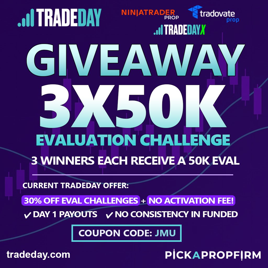 Jmu (@jmutrades) on Twitter photo ๐TRADEDAY GIVEAWAY
3 Winners โข Each Gets a 50K Eval
TO ENTER:
1๏ธโฃ Follow <a href="/TradeDay/">Paul Morgan</a>, <a href="/jmutrades/">Jmu</a>, @pickapropfirm
2๏ธโฃ Like & RT
3๏ธโฃ Tag 3 friends and reply with "Day 1 Payout"
4๏ธโฃ Learn more about TradeDay๐prop.deal/tradeday
๐
Winners picked October 22 @ 9PM EST
CURRENT ๐TRADEDAY GIVEAWAY
3 Winners โข Each Gets a 50K Eval
TO ENTER:
1๏ธโฃ Follow <a href="/TradeDay/">Paul Morgan</a>, <a href="/jmutrades/">Jmu</a>, @pickapropfirm
2๏ธโฃ Like & RT
3๏ธโฃ Tag 3 friends and reply with "Day 1 Payout"
4๏ธโฃ Learn more about TradeDay๐prop.deal/tradeday
๐
Winners picked October 22 @ 9PM EST
CURRENT