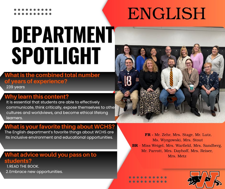 🌟CONTINUING THE SPOTLIGHT!🌟
Our second featured department at WCHS is ready for its moment in the spotlight!